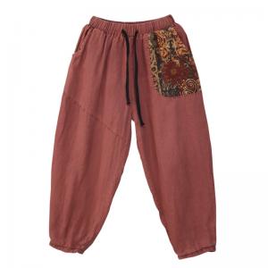 Flowers Pockets Pull-On Quilted Pants Cotton Linen Puffer Pants