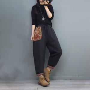 Flowers Pockets Pull-On Quilted Pants Cotton Linen Puffer Pants