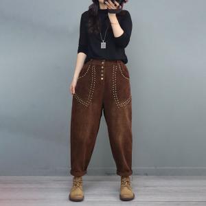 Rivet Decoration Corduroy Pants Womens Loose Tapered Pants