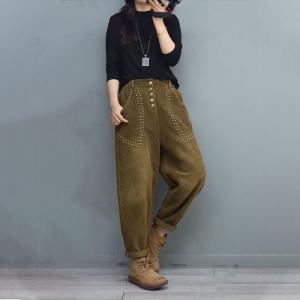 Rivet Decoration Corduroy Pants Womens Loose Tapered Pants