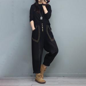 Rivet Decoration Corduroy Pants Womens Loose Tapered Pants