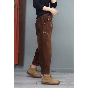 Rivet Decoration Corduroy Pants Womens Loose Tapered Pants