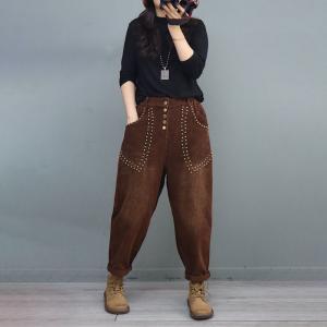 Rivet Decoration Corduroy Pants Womens Loose Tapered Pants