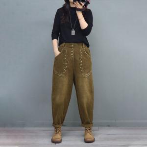 Rivet Decoration Corduroy Pants Womens Loose Tapered Pants