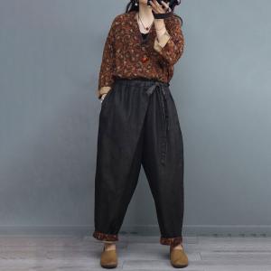 High-Waist Ethnic Cinched Jumpsuits Floral Cotton Linen Coveralls