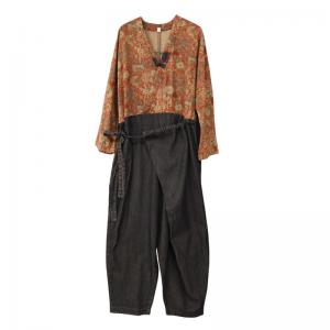 High-Waist Ethnic Cinched Jumpsuits Floral Cotton Linen Coveralls