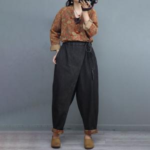 High-Waist Ethnic Cinched Jumpsuits Floral Cotton Linen Coveralls