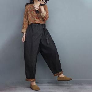 High-Waist Ethnic Cinched Jumpsuits Floral Cotton Linen Coveralls