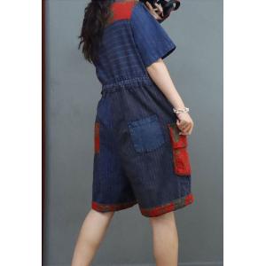 Chinese Folk Blue Striped Romper Tied Wide Leg Short Jumpsuits