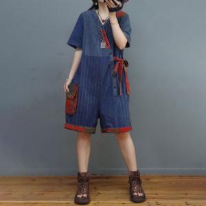 Chinese Folk Blue Striped Romper Tied Wide Leg Short Jumpsuits