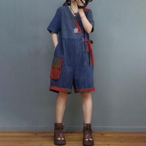 Chinese Folk Blue Striped Romper Tied Wide Leg Short Jumpsuits