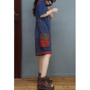 Chinese Folk Blue Striped Romper Tied Wide Leg Short Jumpsuits