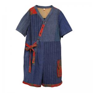 Chinese Folk Blue Striped Romper Tied Wide Leg Short Jumpsuits