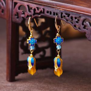 Chinese Traditional Agate Earrings Cloisonne Blue Earrings