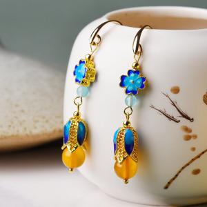 Chinese Traditional Agate Earrings Cloisonne Blue Earrings