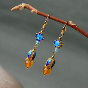 Chinese Traditional Agate Earrings Cloisonne Blue Earrings