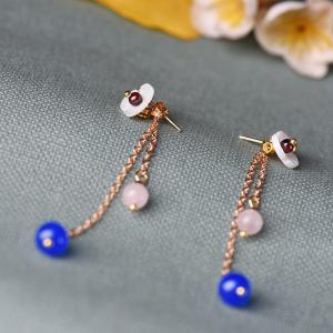Blue Agate Long Traditional Earrings Shell Flowers Chinese Jewelry