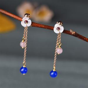 Blue Agate Long Traditional Earrings Shell Flowers Chinese Jewelry