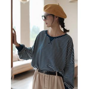 Preppy Fashion Oversized Sweatshirt Blue Nautical Striped Tee