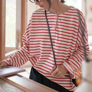 Cotton Blend Red Striped T-shirt Casual Plus Size Easy Wear