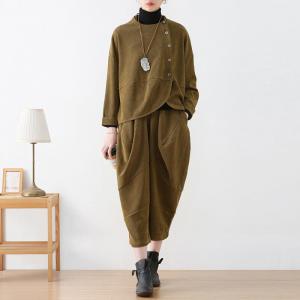 Button Down Corduroy Tunic with Baggy Cropped Harem Pants