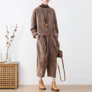 Slanted Buttons Corduroy Designer Two Piece Blouse and Pants Sets