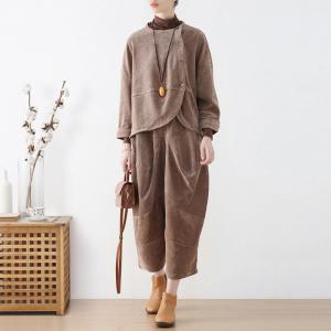 Slanted Buttons Corduroy Designer Two Piece Blouse and Pants Sets