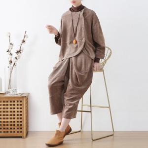 Slanted Buttons Corduroy Designer Two Piece Blouse and Pants Sets