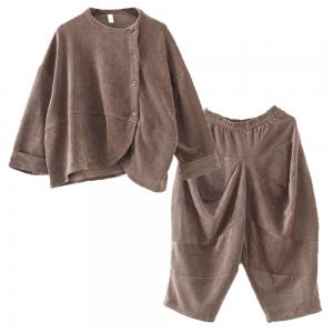 Slanted Buttons Corduroy Designer Two Piece Blouse and Pants Sets