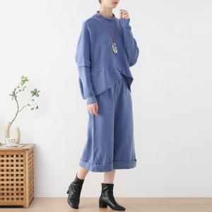 Mock Neck Designer Sweater with Wide Leg Knit Pants