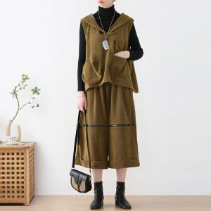 Pockets Hooded Vest with Knee Zip Wide Leg Pant Sets