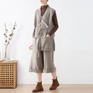 V-Neck Knitting Cinched Vest with Wide Leg Cropped Pants