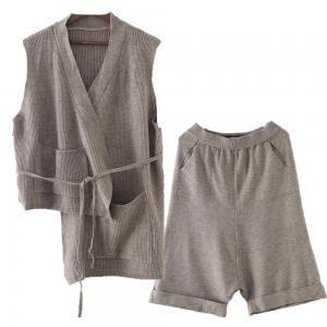 V-Neck Knitting Cinched Vest with Wide Leg Cropped Pants