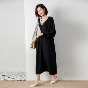 Contrast Colored V-Neck Dress Wool Blend Midi Jersey Dress