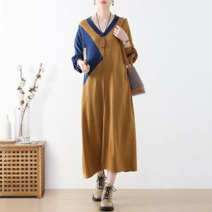 Contrast Colored V-Neck Dress Wool Blend Midi Jersey Dress