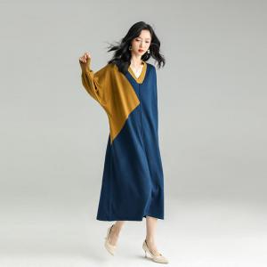 Contrast Colored V-Neck Dress Wool Blend Midi Jersey Dress