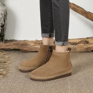 Plush Lining Leather Warm Boots Side Zip Low Heels Ankle Boots