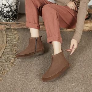 Plush Lining Leather Warm Boots Side Zip Low Heels Ankle Boots