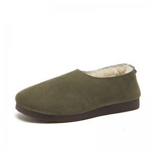 Round Toe Wool Lined Winter Flats Cowhide Leather Granny Slip-Ons