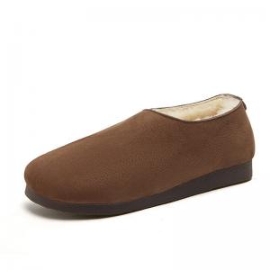 Round Toe Wool Lined Winter Flats Cowhide Leather Granny Slip-Ons