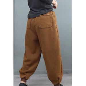 Straight Pockets Cotton Fleeced Pants Drawstring Waist Tapered Pants