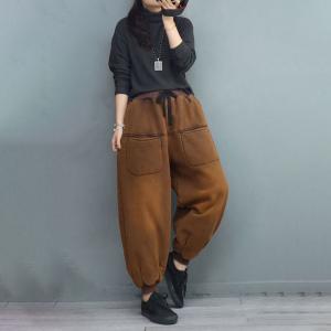 Straight Pockets Cotton Fleeced Pants Drawstring Waist Tapered Pants