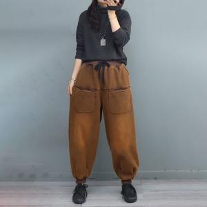 Straight Pockets Cotton Fleeced Pants Drawstring Waist Tapered Pants