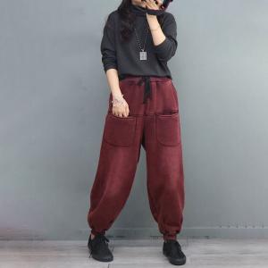 Straight Pockets Cotton Fleeced Pants Drawstring Waist Tapered Pants