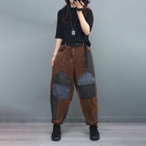 Denim Pockets Corduroy Pants Vintage Hippie Trousers for Women