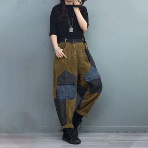 Denim Pockets Corduroy Pants Vintage Hippie Trousers for Women