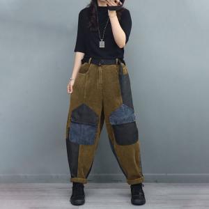 Denim Pockets Corduroy Pants Vintage Hippie Trousers for Women