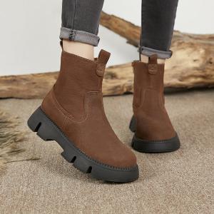 Side Zip Chunky Heels Boots Plush Lining Cowhide Ankle Boots