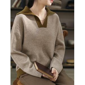 Contrast Colored V-Neck Sweater Sheep Wool Oversized Sweater