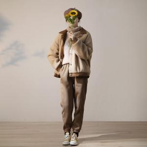 Bi-Colored Henley Collar Teddy Coat Plus Size Korean Jacket